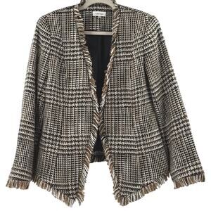 Calvin Klein Woven Tweed Fringe Career Work Office Blazer Black White Tan‎ Sz 6